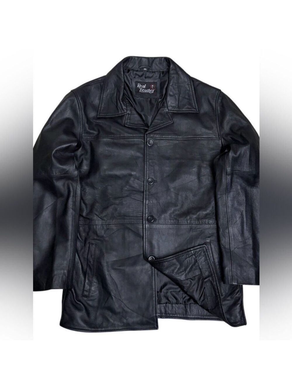 REAL LEATHER Vintage Y2K Black Casual Bomber Duster Retro Jacket Coat Mens 3XL